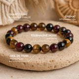 Bracelet "Réussite & Protection" en Oeil de Tigre, Grenat, Tourmaline & Quartz Fumé