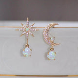 Boucles d'oreilles lune et étoile et opale | Or