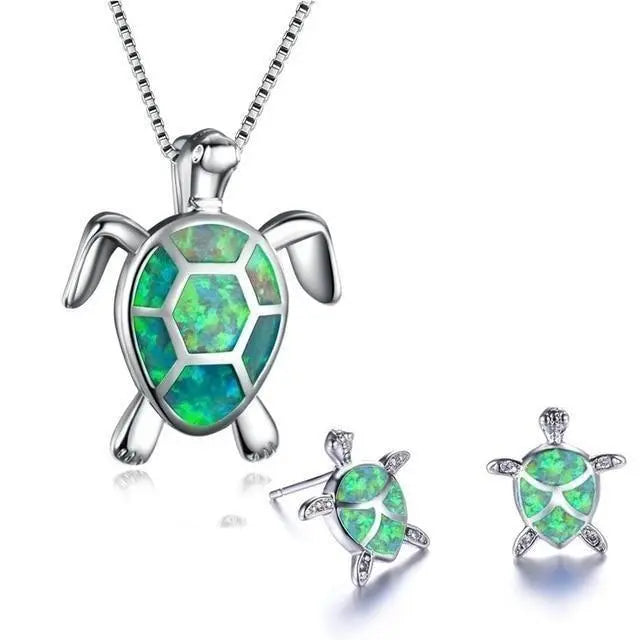 Ensemble de collier et boucles d'oreilles avec tortue de mer en opale et argent