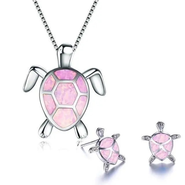 Ensemble de collier et boucles d'oreilles avec tortue de mer en opale et argent