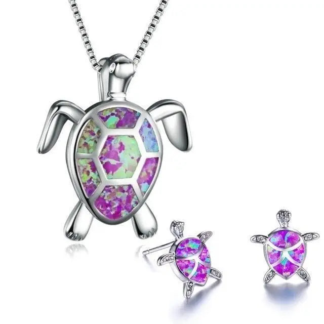 Ensemble de collier et boucles d'oreilles avec tortue de mer en opale et argent