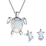 Ensemble de collier et boucles d'oreilles avec tortue de mer en opale et argent