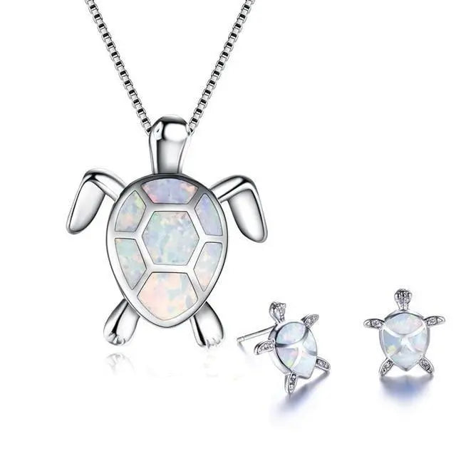 Ensemble de collier et boucles d'oreilles avec tortue de mer en opale et argent