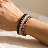 Trio de Bracelets "Paix et Equilibre" en Onyx, Quartz Rose & Rhodonite