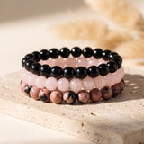 Trio de Bracelets "Paix et Equilibre" en Onyx, Quartz Rose & Rhodonite