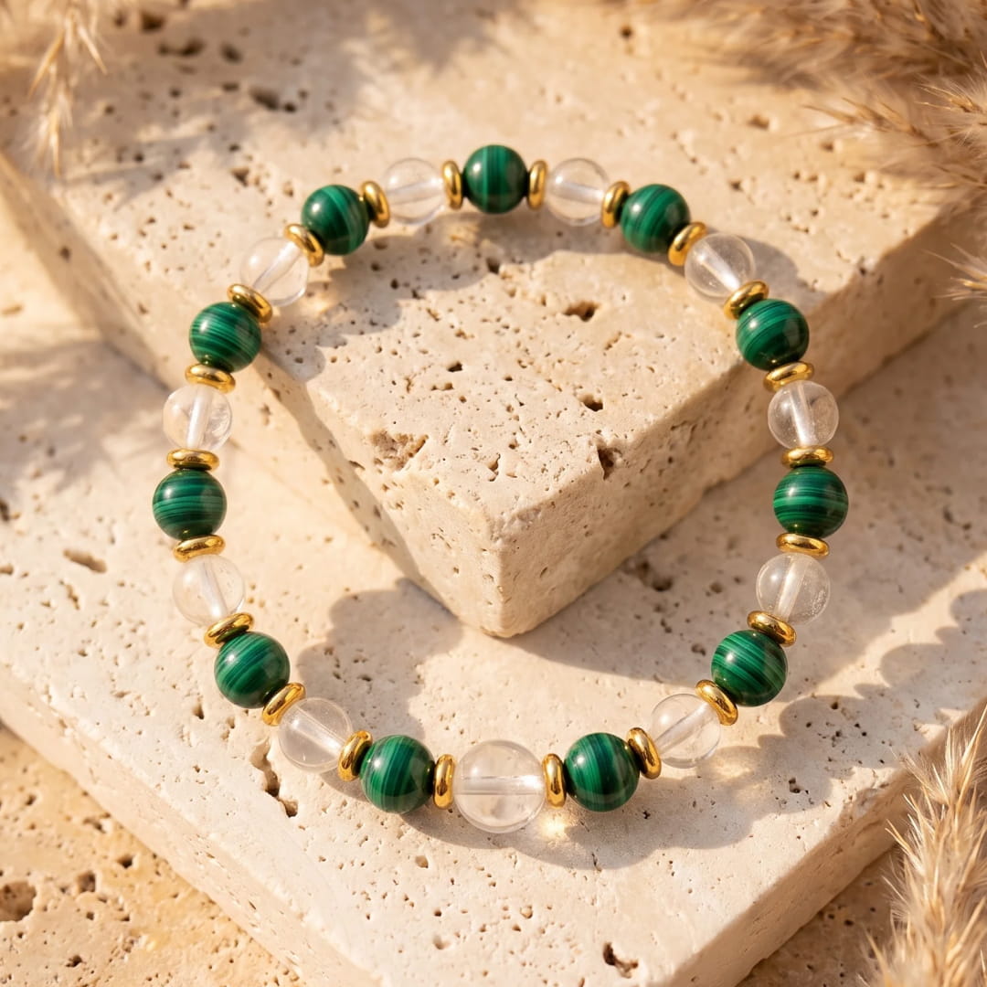 Bracelet "Nouveau Départ"en Malachite et Cristal de Roche