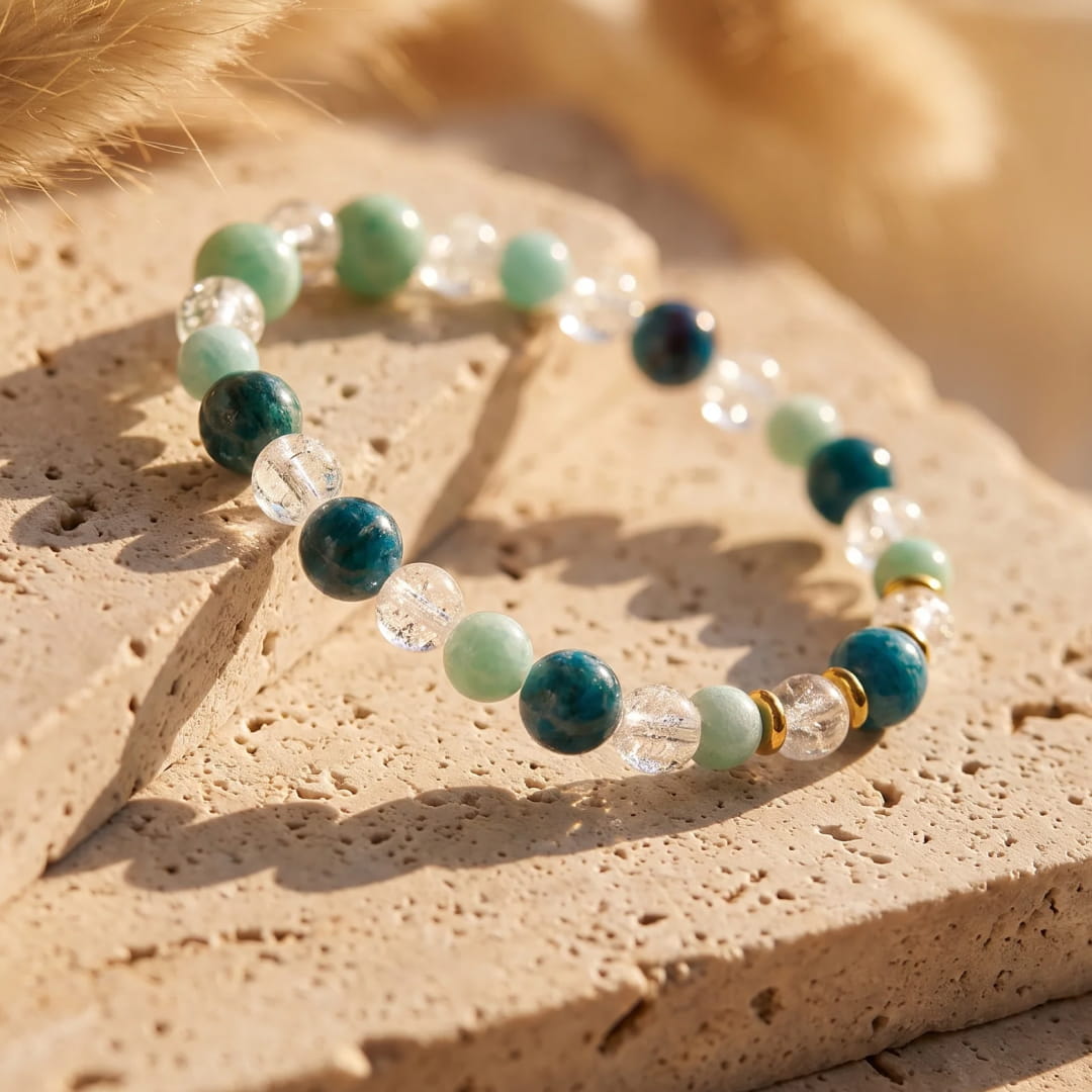 Bracelet "Rêve de Lagon" en Amazonite, Apatite & Cristal de Roche Craquelé