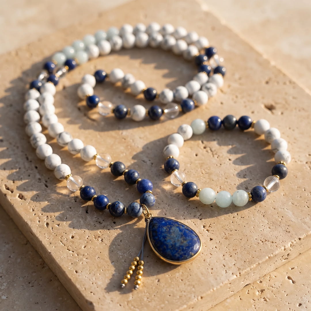 Collier Mala "Sérénité Bleue" en Lapis-Lazuli, Aigue-Marine & Howlite