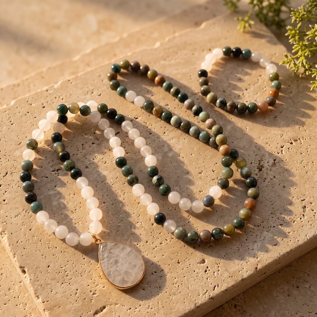 Collier Mala "Chemin de Lumière" en Agate Indienne & Quartz Blanc