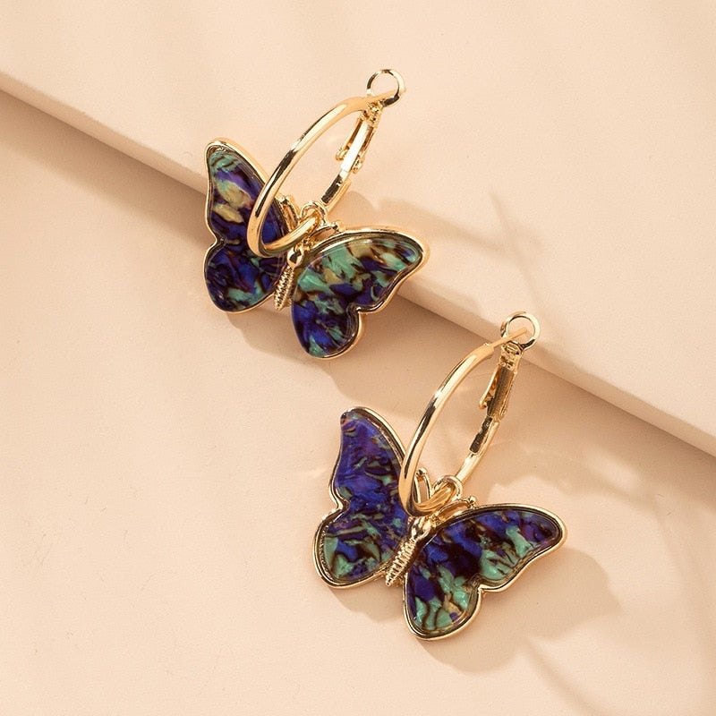 Boucles d'Oreilles Créoles avec Papillons Multicolores Dorés