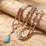 Collier Mala Ethnique en Turquoise, Amazonite, Quartz Rose & Rhodonite