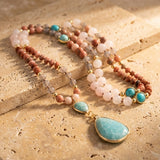 Collier Mala Ethnique en Turquoise, Amazonite, Quartz Rose & Rhodonite