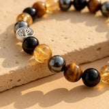 Bracelet "Force & Lumière" en Oeil de Tigre, Citrine, Hématite & Obsidienne