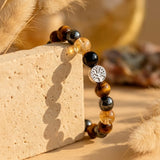 Bracelet "Force & Lumière" en Oeil de Tigre, Citrine, Hématite & Obsidienne