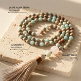 Collier Mala 108 Perles en Jaspe Aqua Terra, Amazonite & Quartz Rose