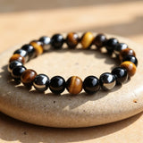 Bracelet "3 Protections" en Oeil de Tigre, Hématite & Obsidienne Noire