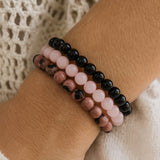 Trio de Bracelets "Paix et Equilibre" en Onyx, Quartz Rose & Rhodonite