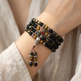 Bracelet Mala "Bouddhiste" en Obsidienne Noire & Dorée