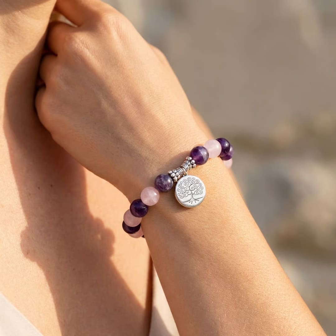 Bracelet "Amour & Spiritualité" en Améthyste & Quartz Rose