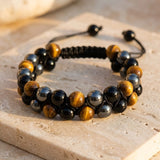 Bracelet Tressé "Triple Protection " en Hématite, Oeil de Tigre & Obsidienne