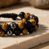 Bracelet Tressé "Triple Protection " en Hématite, Oeil de Tigre & Obsidienne
