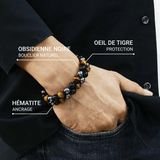 Bracelet Tressé "Triple Protection " en Hématite, Oeil de Tigre & Obsidienne