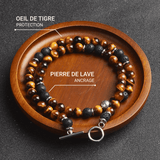 Collier "Énergie Terre & Feu" en Pierre de Lave & Oeil de Tigre